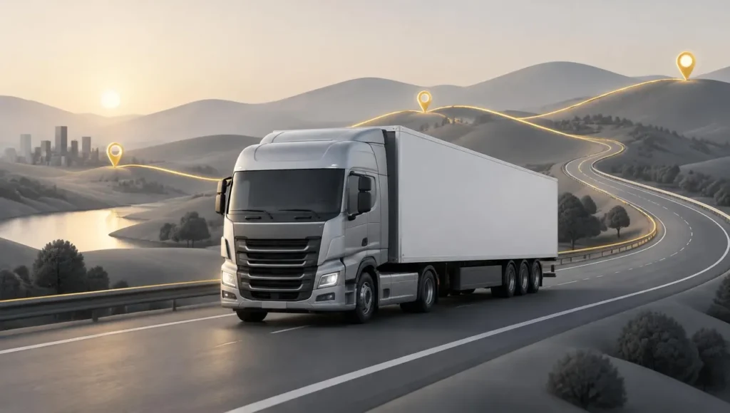 Illustrazione di un camion merci su una strada tra le colline.